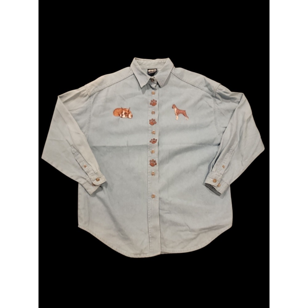 Three Rivers Denim Shirt L Dog Paw Embroidered Boxer Dogs Western Style USA